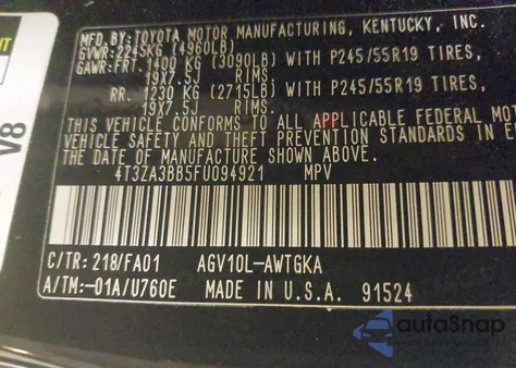 2015 Toyota Venza Le from USA, damaged, VIN 4T3ZA3BB5FU094921